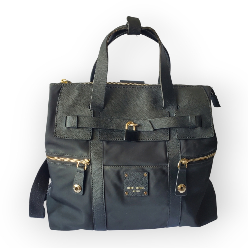 Henri Bendel Black Jetsetter Large Backpack Convertible Purse Leather Canvas